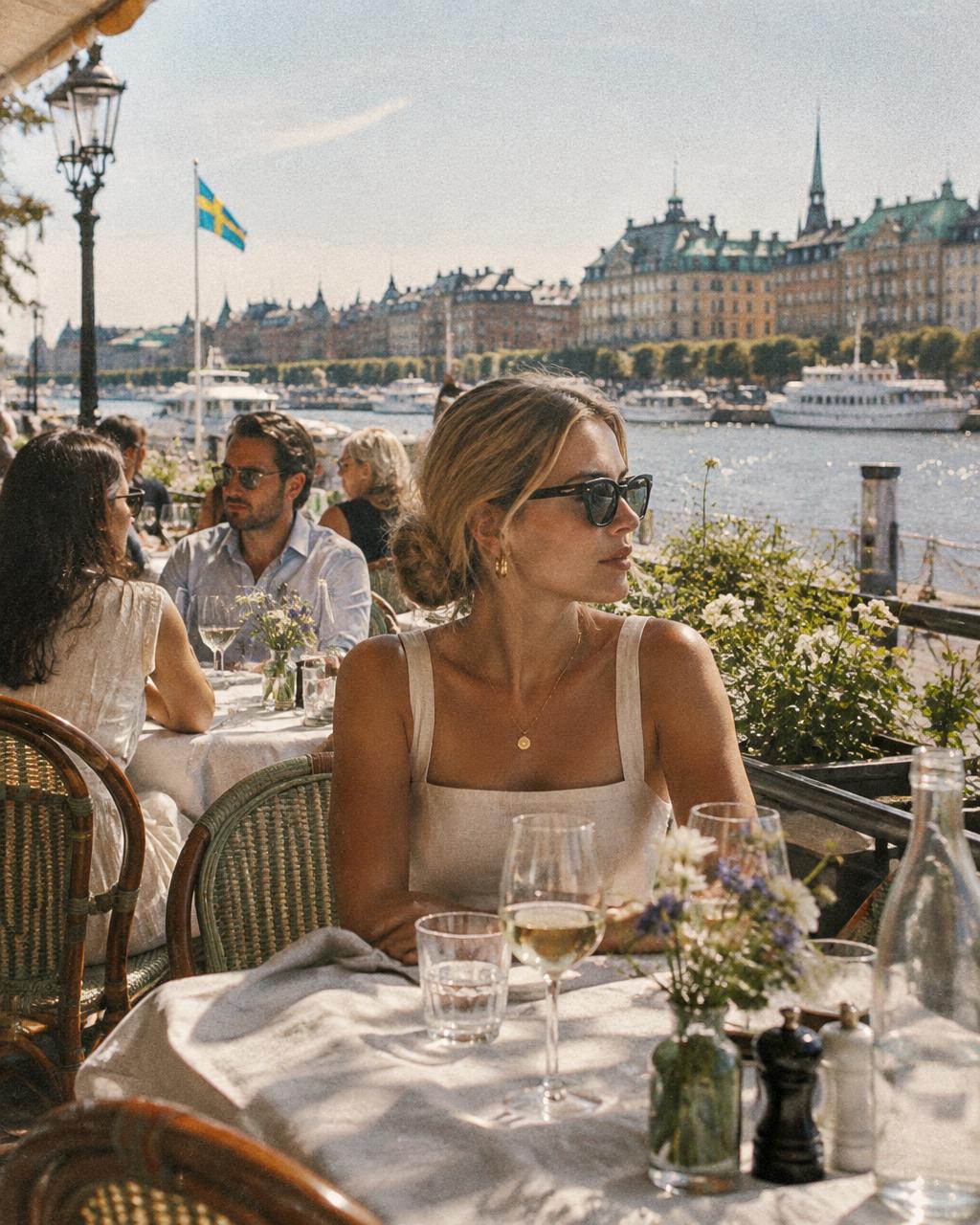 Uteservering på Strandvägen en sommardag (ersätts med bild från Visit Sweden)